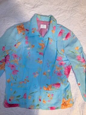 Liz Claiborne Aqua Floral Blazer with Pink & Orange Accents